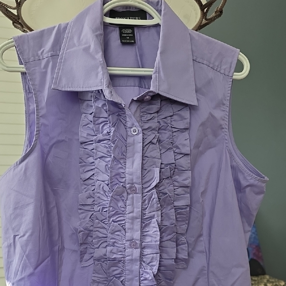 Ashley Stewart Lavender Sleeveless Ruffle Blouse - Picture 3 of 8